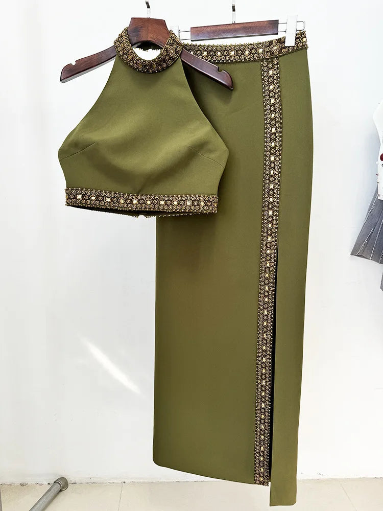 Spring Women Sexy Beading Tank Tops High Split Bodycon Long Skirts Set Elegant Evening Party Birthday Dress Vestido
