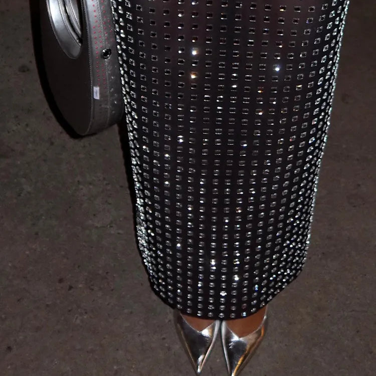 Saia midi justa com losangos pretos para mulheres, saia de cintura alta para festa e escritório, elegante, com fenda