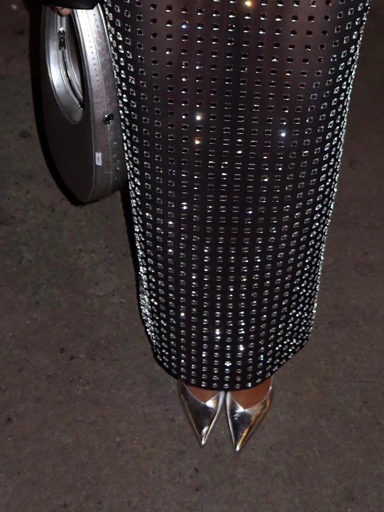 Saia midi justa com losangos pretos para mulheres, saia de cintura alta para festa e escritório, elegante, com fenda