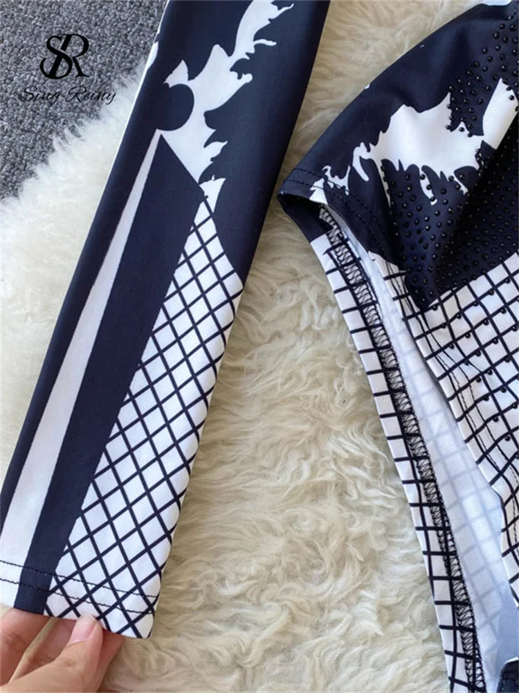 Design Autumn New Print Rompers Women Stand Collar Long Sleeve Slim Jumpsuits Chic Fashion Sexy Bodycon Short Bodysuit