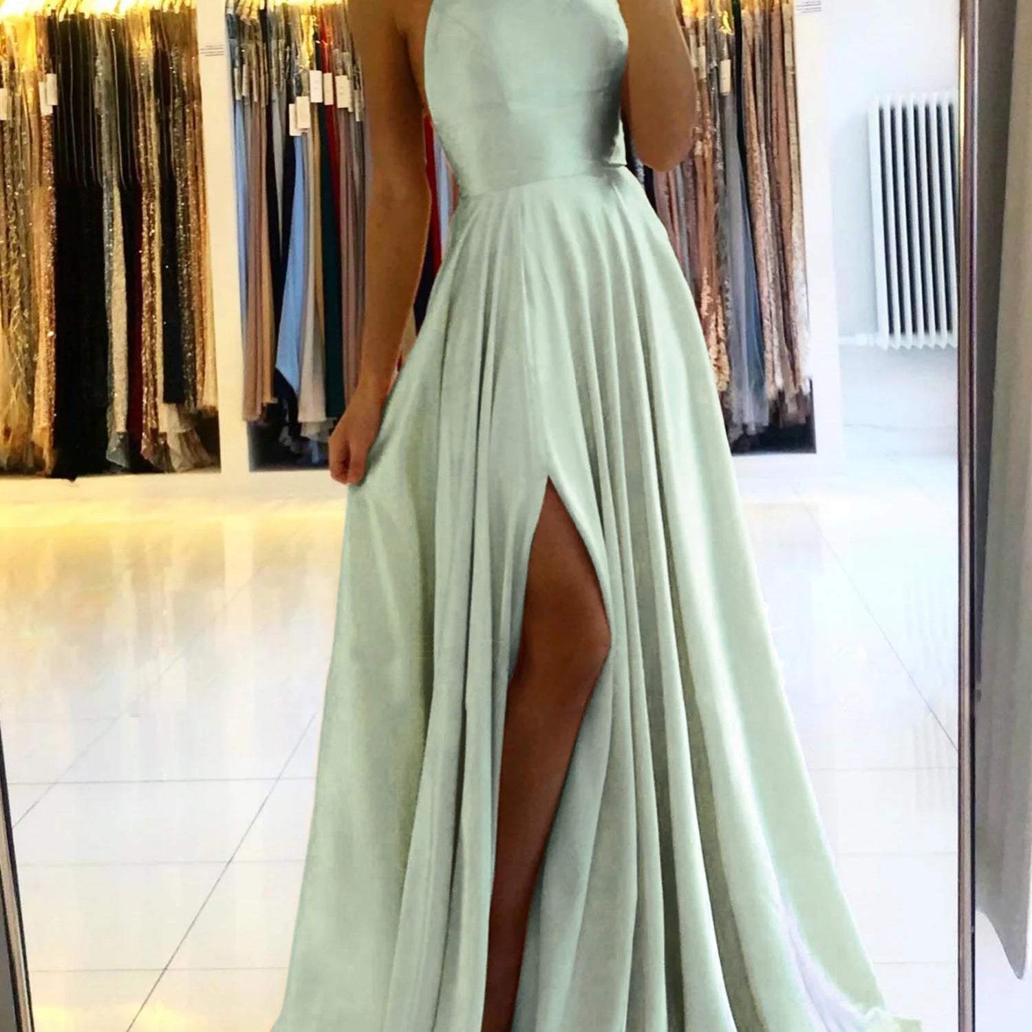 Ladies Blue A-line Long Satin Evening Dresses For Women Simple Spaghetti Straps Sexy Slit Wedding Prom Party Gowns Vestidos Dusty Green