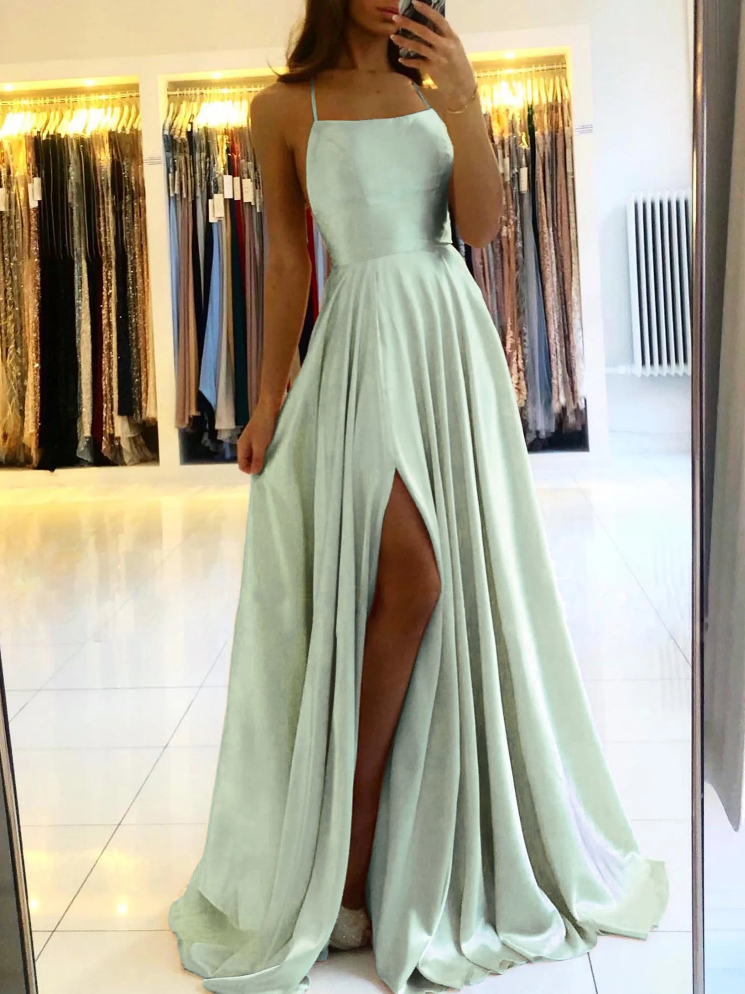 Ladies Blue A-line Long Satin Evening Dresses For Women Simple Spaghetti Straps Sexy Slit Wedding Prom Party Gowns Vestidos Dusty Green