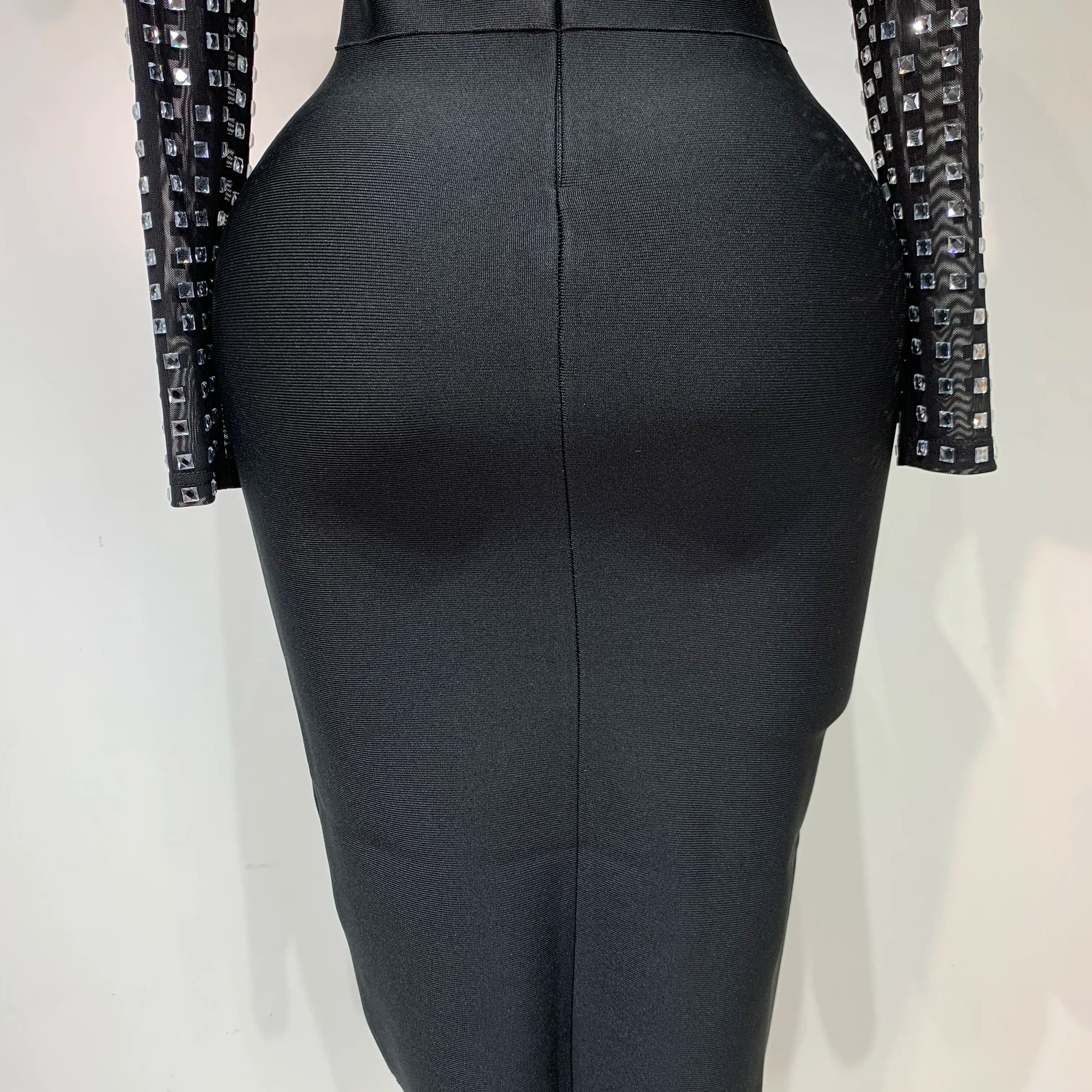 Vestido bandage bodycon de malha preta, gola alta sexy, strass, celebridade, feminino, 2025, elegante, clube noturno, vestido de aniversário de luxo