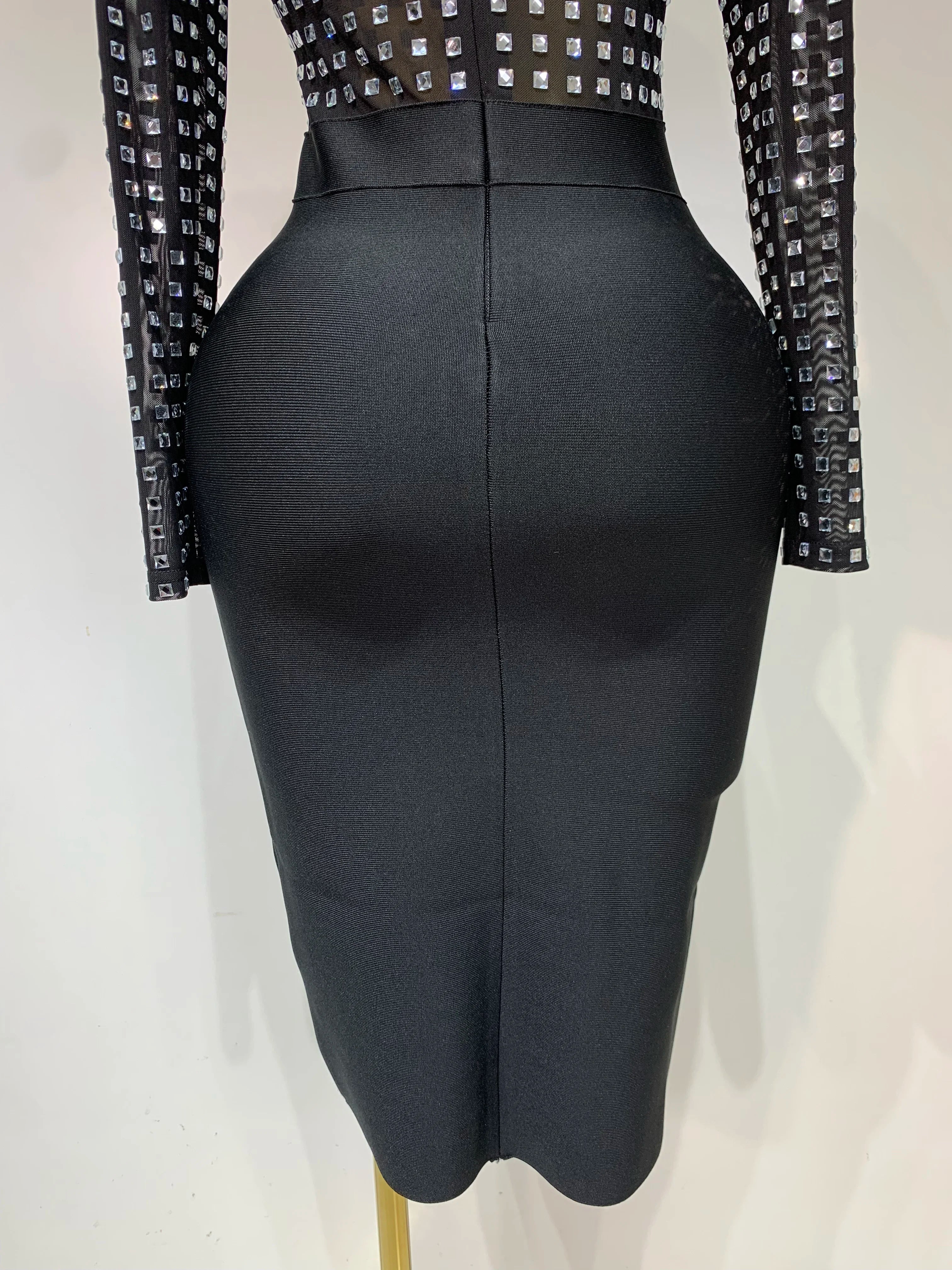 Vestido bandage bodycon de malha preta, gola alta sexy, strass, celebridade, feminino, 2025, elegante, clube noturno, vestido de aniversário de luxo