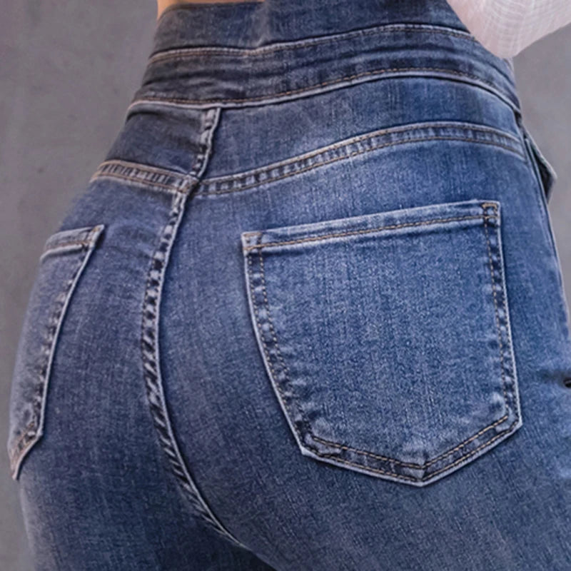 Rhinestone Flared Jeans For Women Soft Skinny Patchwork Boot-Cut Denim Trousers Mujer Fashion Stretch Pants Ladies Blue