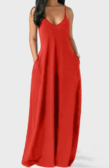 European and American Women's Cross border Summer New Product Solid Color Sexy Deep V Sling Dress Rose Red