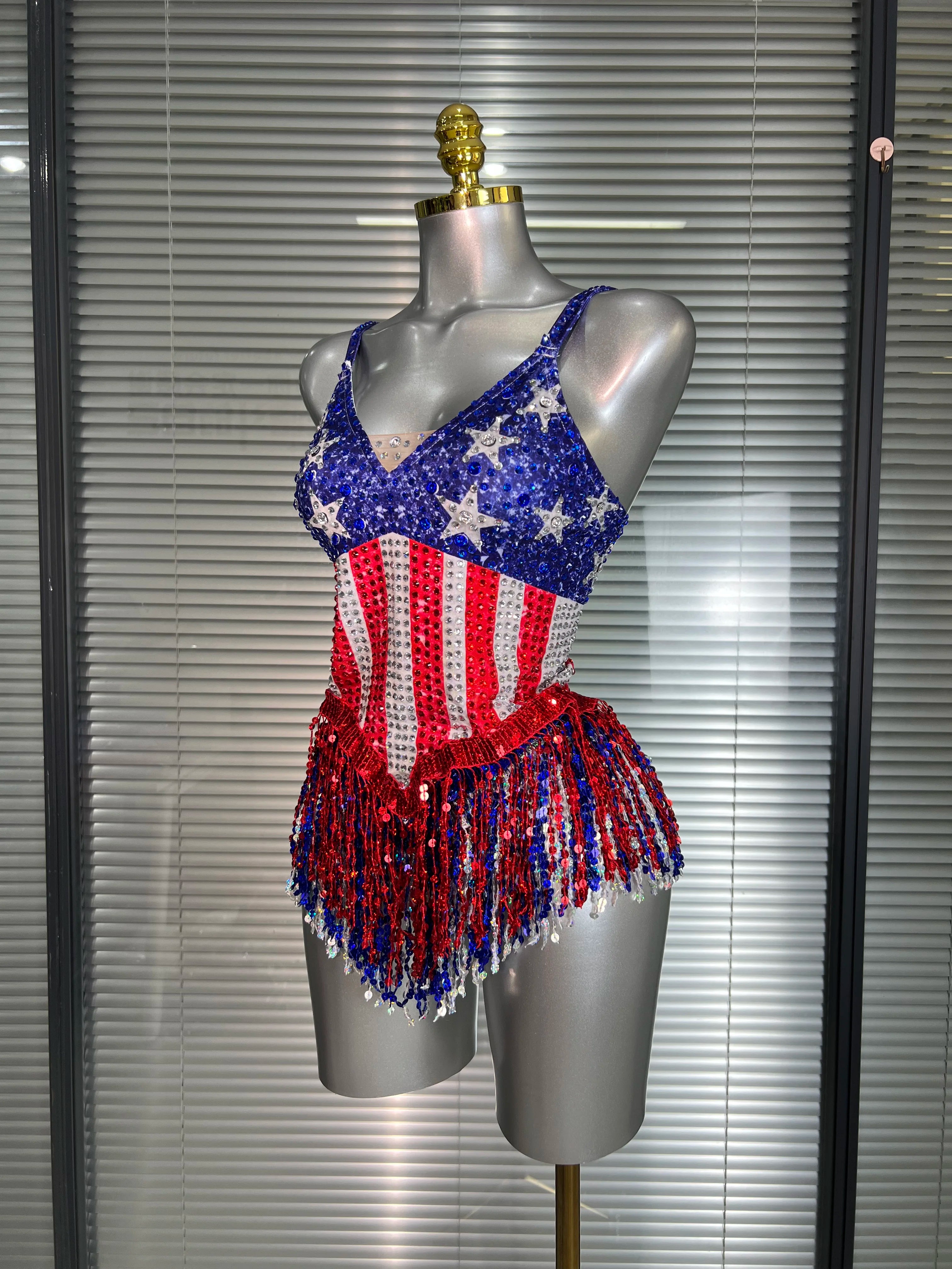 Women Sexy Tassel Crystal Stretched Night Club Circus Dancer USA Flag Stage Costume Party Bodysuit
