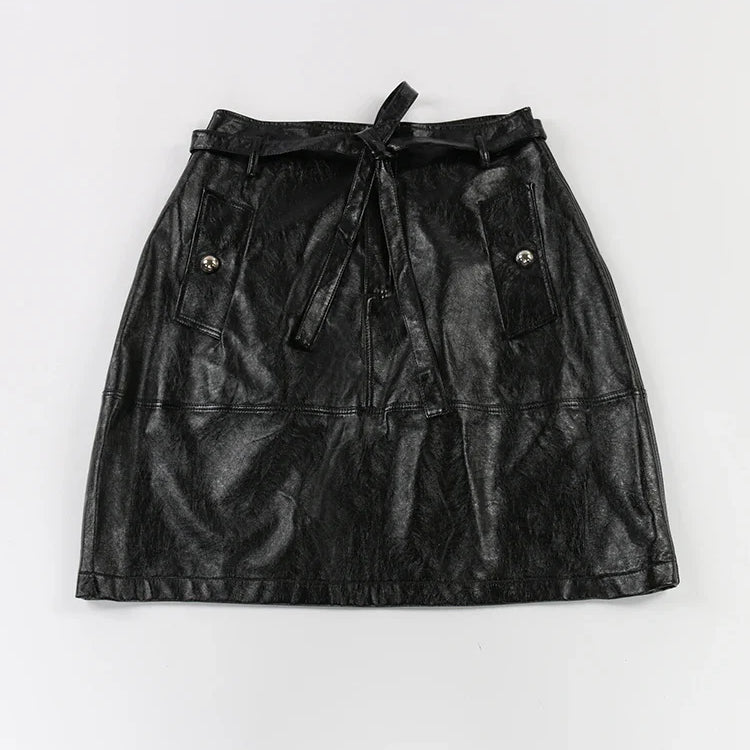 Summer Autumn Gold Shiny Faux Leather Skirt Women with Sashes A Line Korean Style Clothes Streetwear 2023 Runway Fashion black
