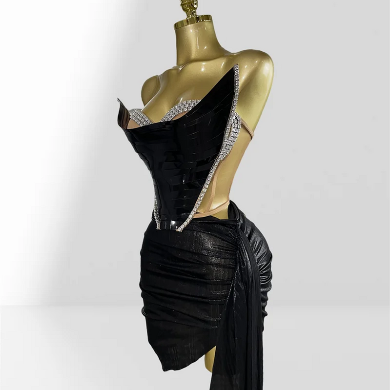 Fashionable Mirror Luxurious Rhinestone Lace -up Top And Mini Skirt Set 2 Pieces Woman Birthday Vestido Music Festival Outfit