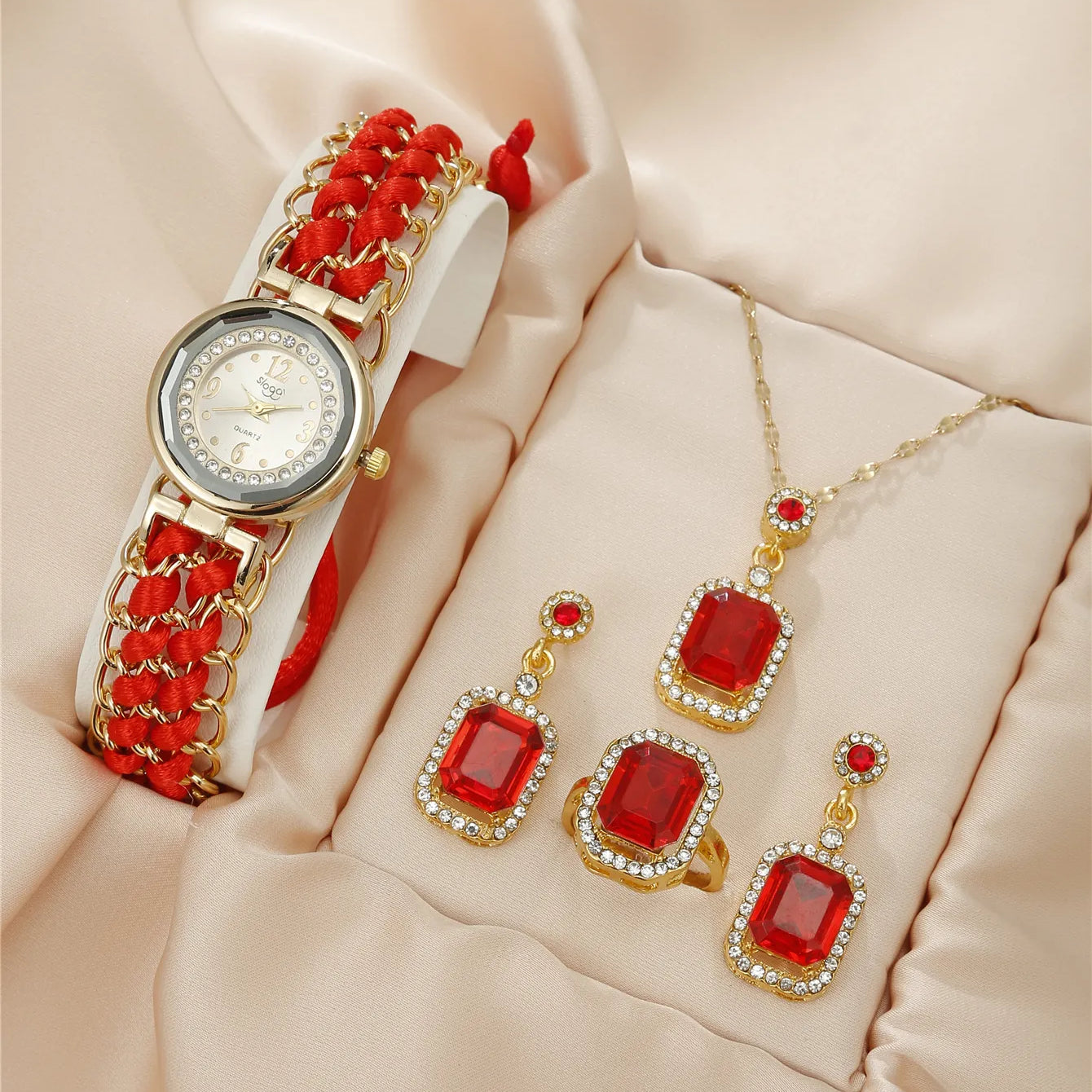5PCS Women Knitting Rope Chain Winding Analog Quartz Movement Wrist Watch Fashionable Simple Style Quartz Wristwatch Red
