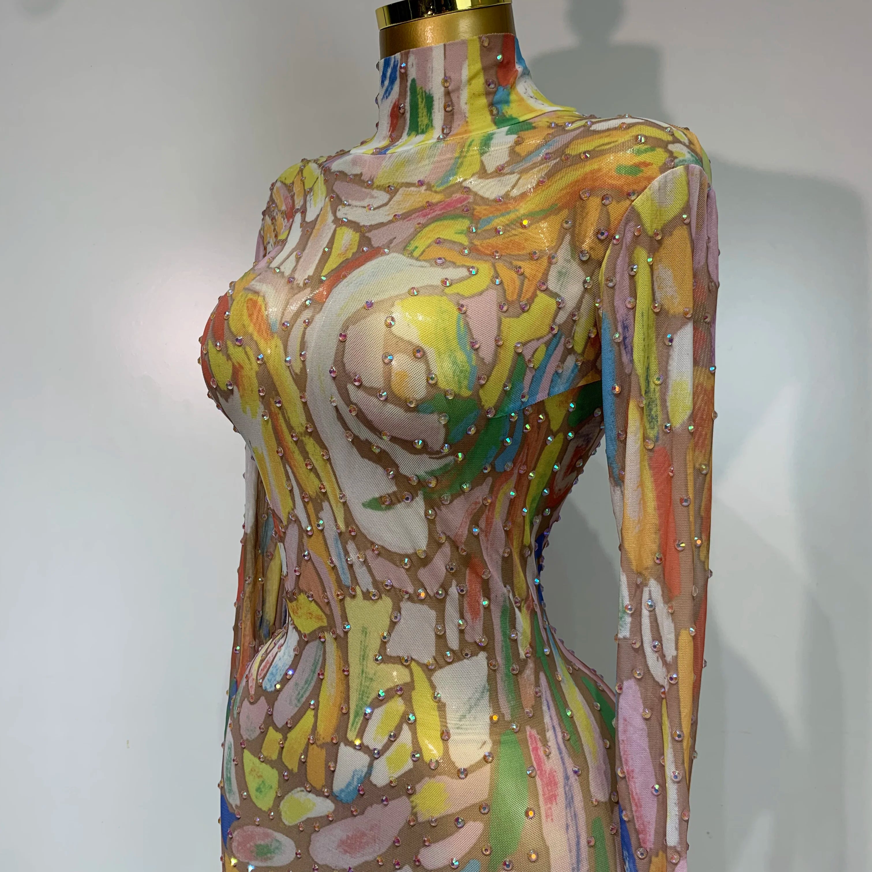 Sparkly Rhinestone Stretchy Mesh See Through Jumpsuit Women Performance Dancer Costume Rompers Party Nightclub Stage Outfit