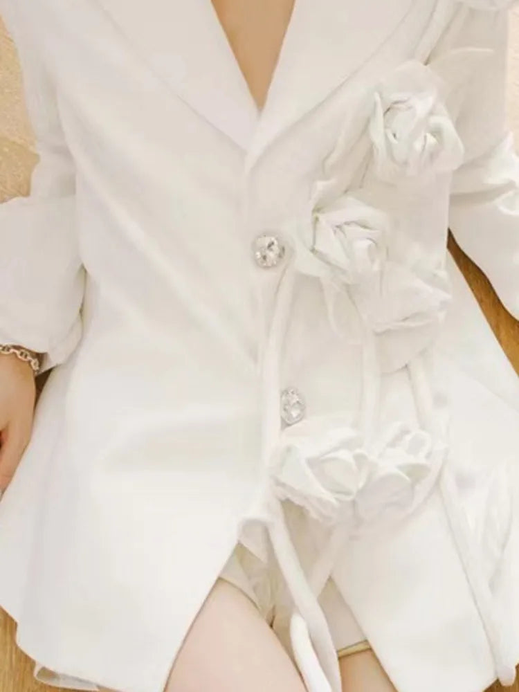 DEAT Fashion Women's Blazer Notched Collar Loose Diamonds Buttons Spliced Flower White Suit Jackets summer New 17A7225