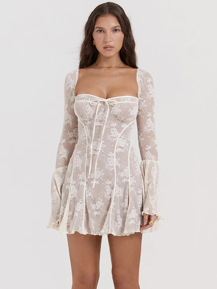 Elegant Print Mini Dress For Women Autumn Winter Square Collar Long Sleeve Backless Loose Club Party Sexy Dress