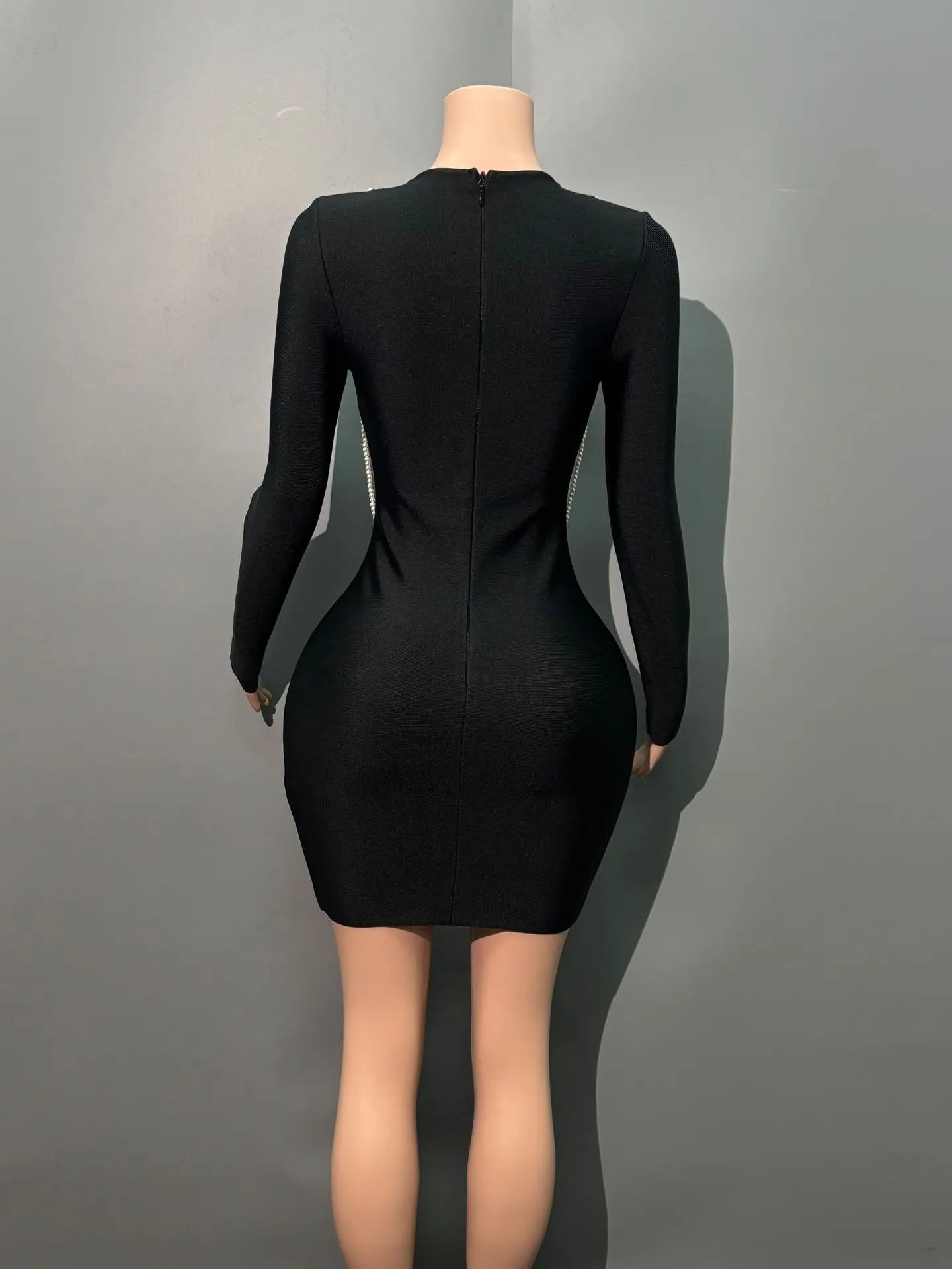 Black Color Women Long Sleeve Pearl Beading Bodycon Mini Bandage Dress Nightclub Party Celebrate Birthday Vacation Outfit