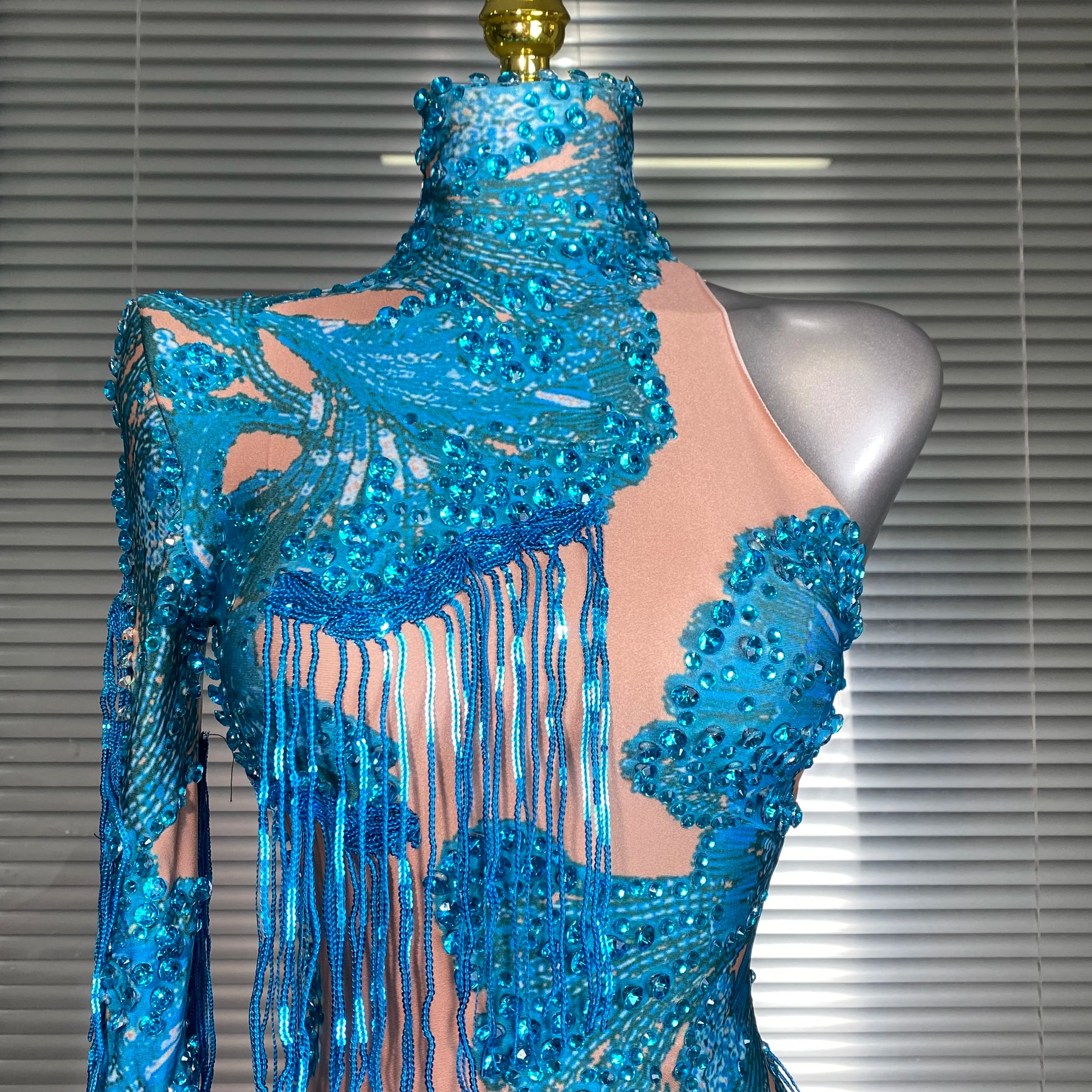 New Celebrity Women Sexy Purple Blue Stretchy Single Sleeve Night Club Singer Dancer Tassel Stage Costume Party Bodysuit