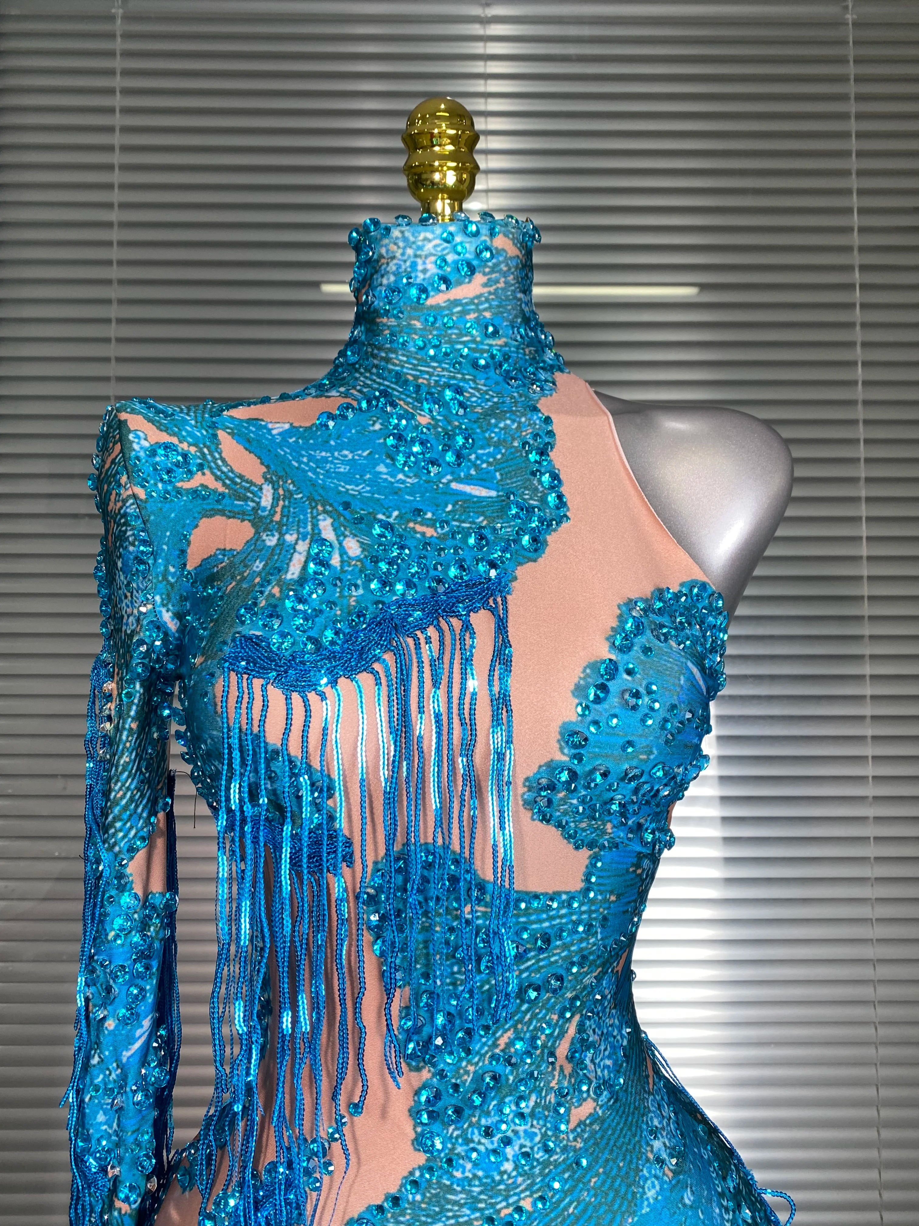 New Celebrity Women Sexy Purple Blue Stretchy Single Sleeve Night Club Singer Dancer Tassel Stage Costume Party Bodysuit