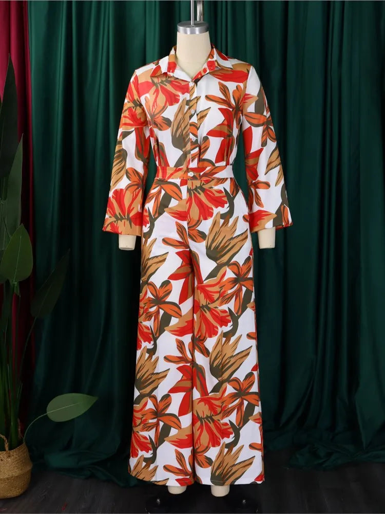 Plus Size Summer Flower Floral 2 Two Piece Set Women Bodycon Fashion Ladies Blouses Casual Loose High Waist Woman Wide Leg Pant