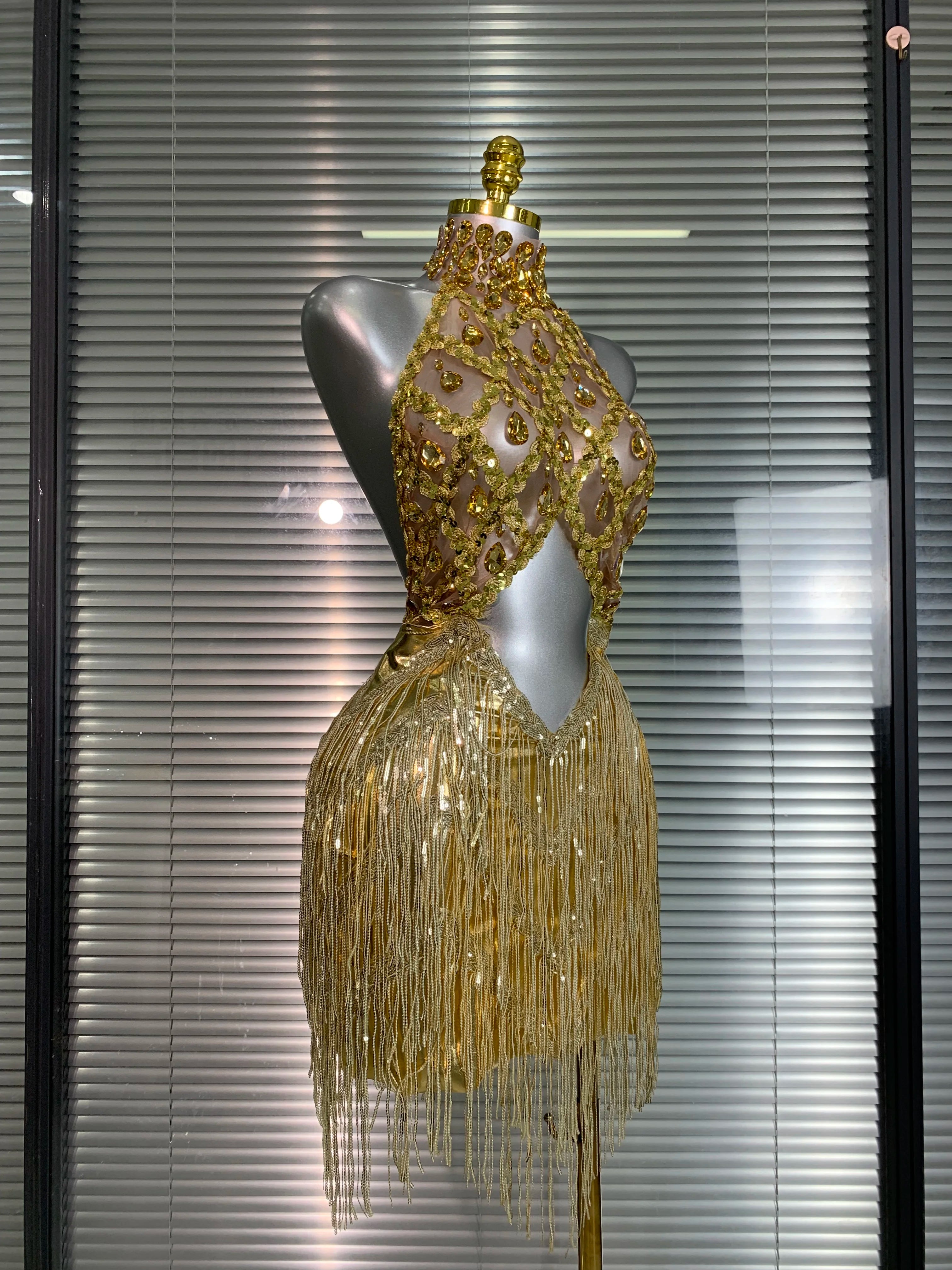 Women Sexy Mesh Tassel Crystal Diamonds Mini Performance Costume Stage Dancer See Through Stretchy Gold Night Club Party Dress