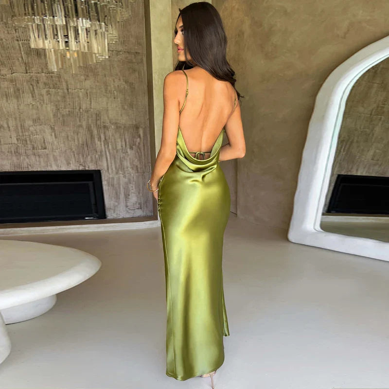 Spaghetti Strap White Long Satin Dress Elegant Party Dress For Women Summer High Slit Backless Formal Occasion Dresses Maxi