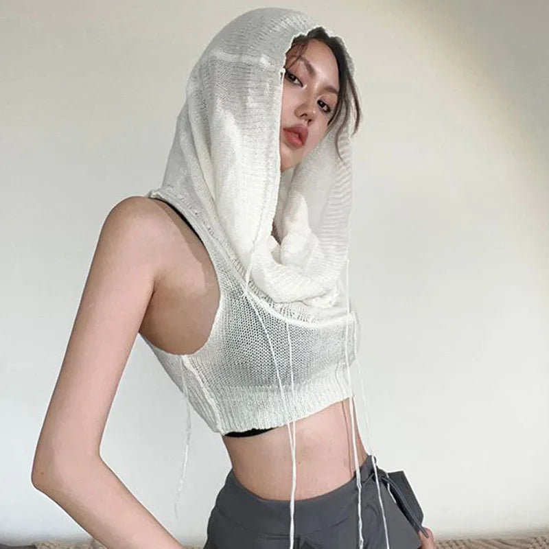Knitted Y2k Hooded Crop Top Women Summer Sleeveless Off Shoulder T Shirt Top Hooded Tee Street Wear Fashion White Yuqung