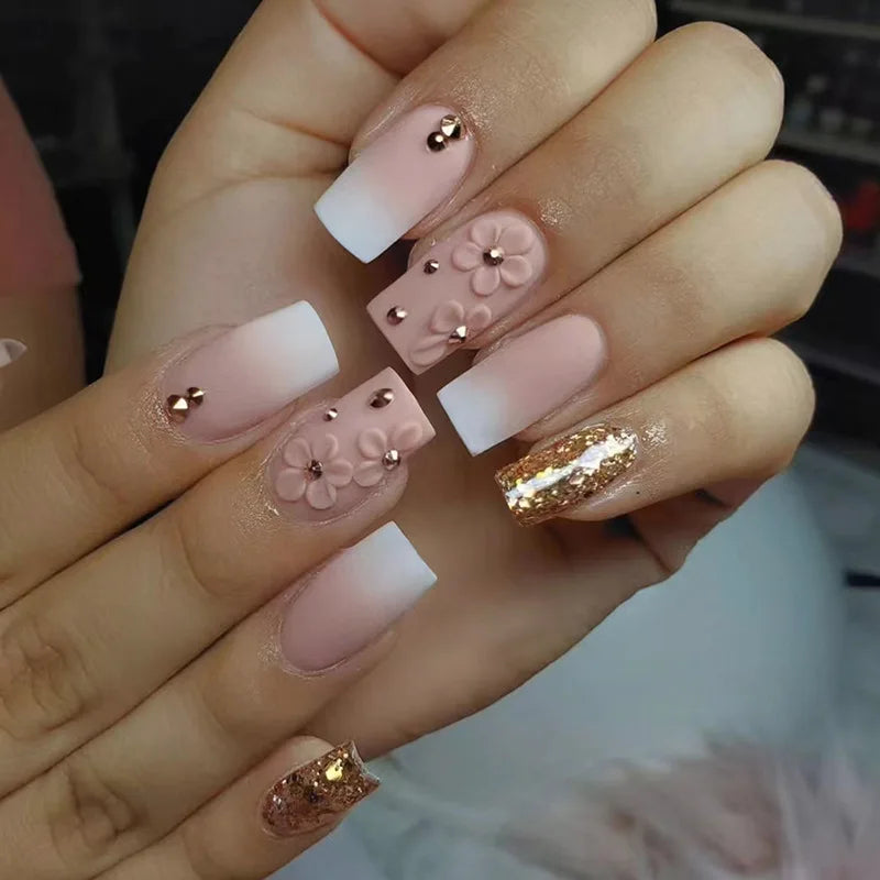 24Pcs Mid-length French False Nail with Diamond Gradient Square Press on Nails Flower Design Fake Nail Wearable Manicure Tools
