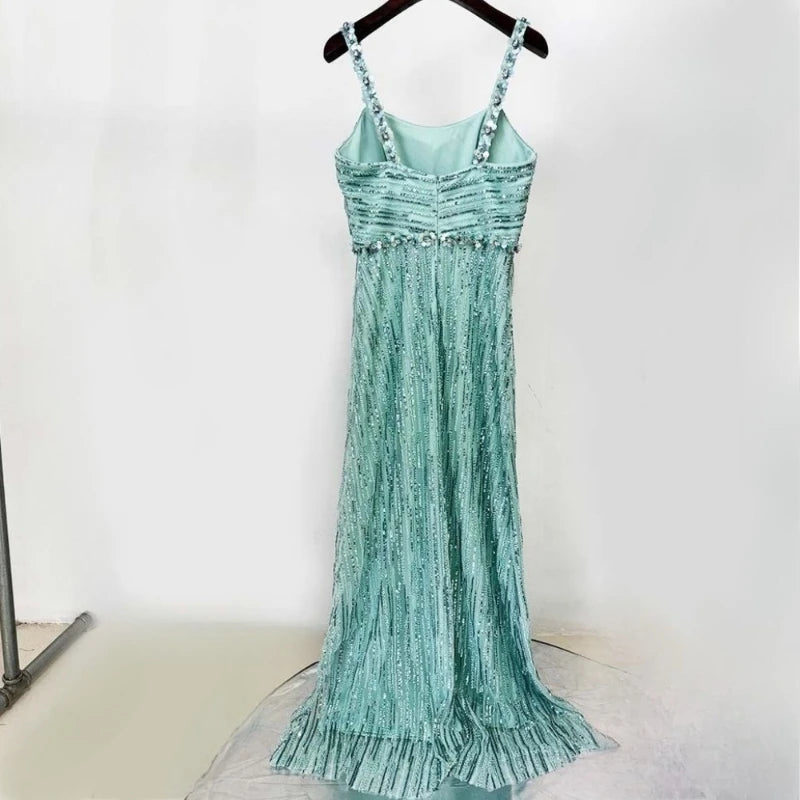 TWOTWINSTYLE Slimming Spliced Sequins Luxurious Dresses for Women Square Neck Sleeveless Patchwork Bead Elegant Dress Female New