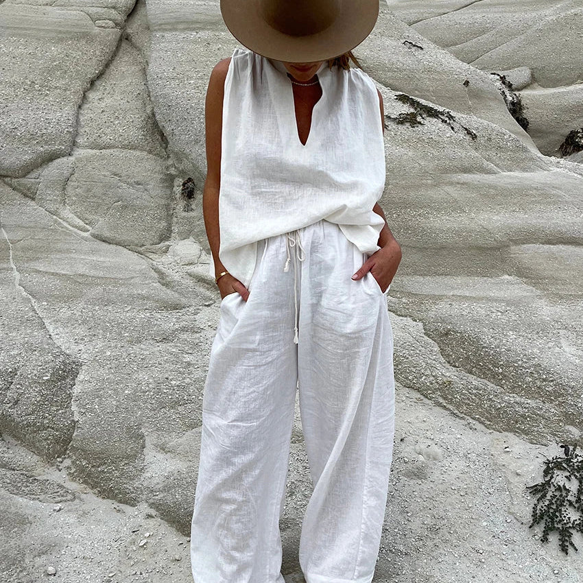Clacive Fashion Loose White Cotton Trousers Sets For Women 2 Pieces Elegant Sleeveless Tank Top With High Waist Wide Pants Set