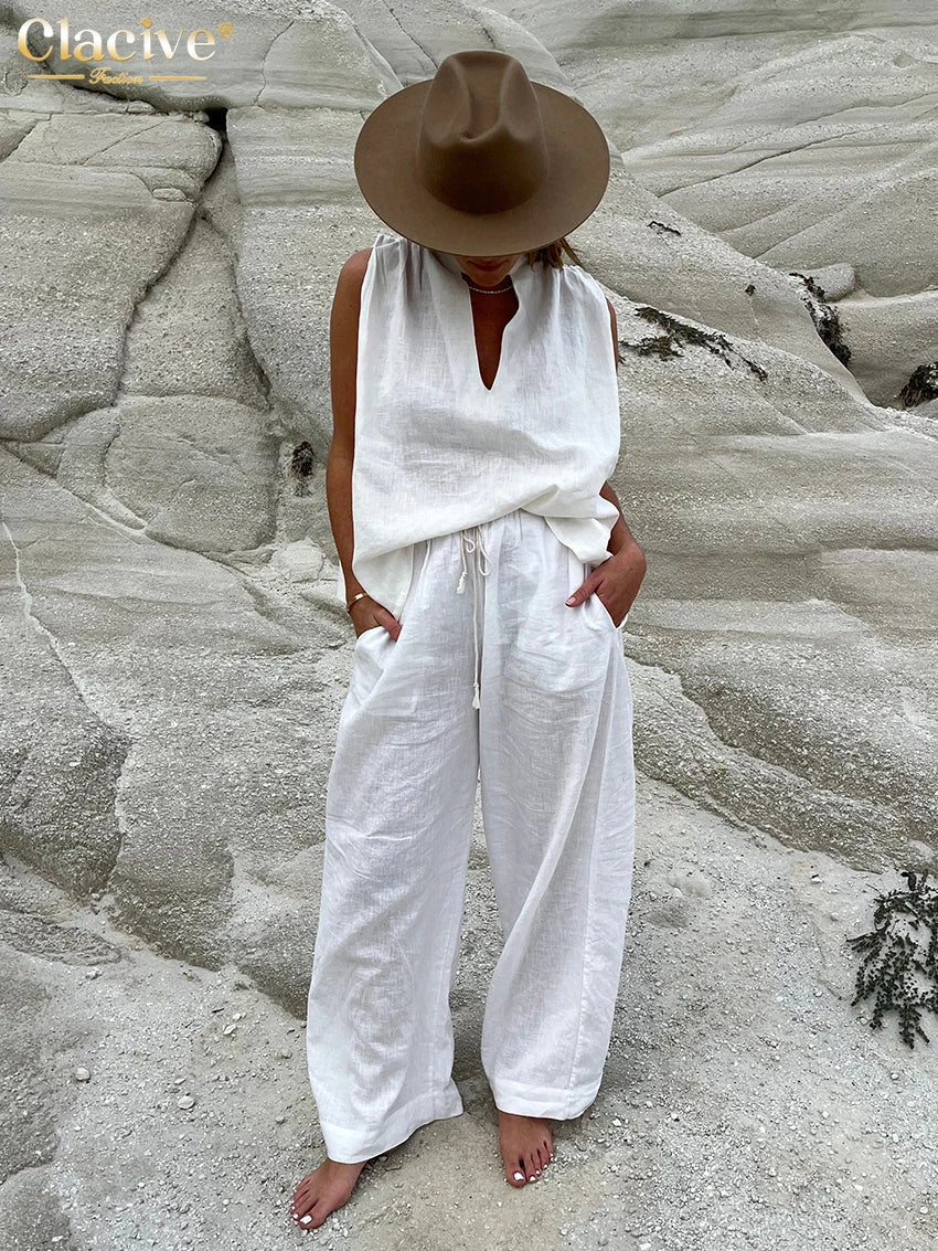 Clacive Fashion Loose White Cotton Trousers Sets For Women 2 Pieces Elegant Sleeveless Tank Top With High Waist Wide Pants Set