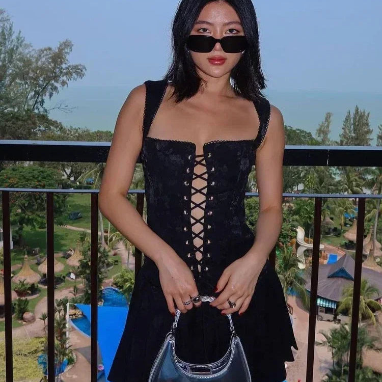 Lace Up One Piece Dresses for Women Vintage Embroidery A Line Pleated Dress Mini Xmas Birthday Party Dress Sexy