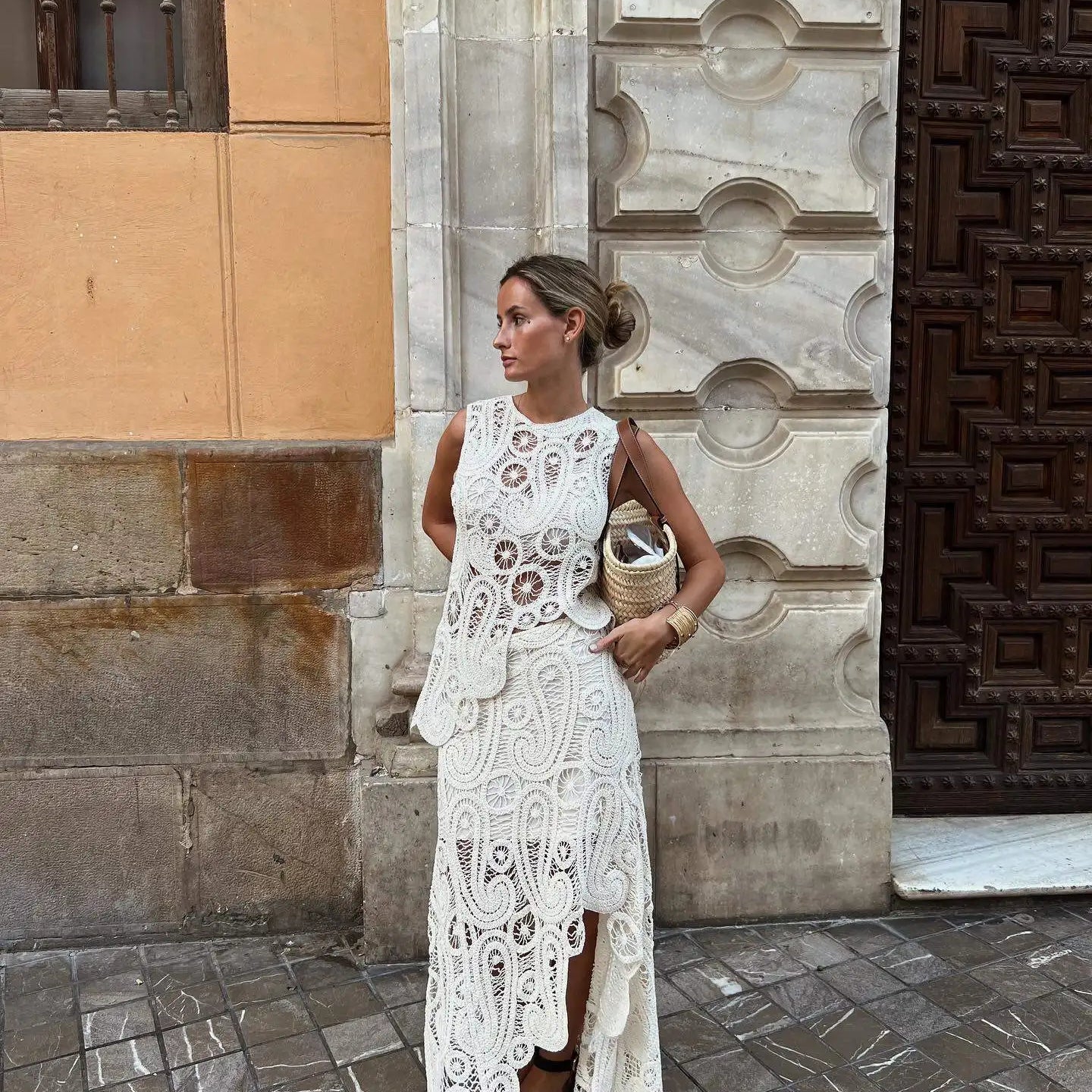 Crochet O Neck Hollow Out Skirt Set Women Chic Hook Flower Sleeveless Top Irregular Skirt Suit Spring Lady Elegant Outfit Set