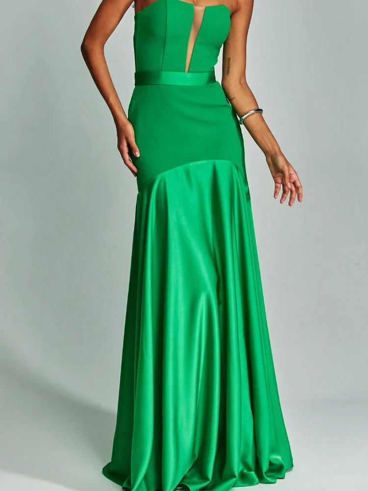 Elegant Green Patchwork Satin Long Dresses Women Fashion Off Shoulder Cut Out Pleated A-line Robe Lady Party Dresses 2025 Summer