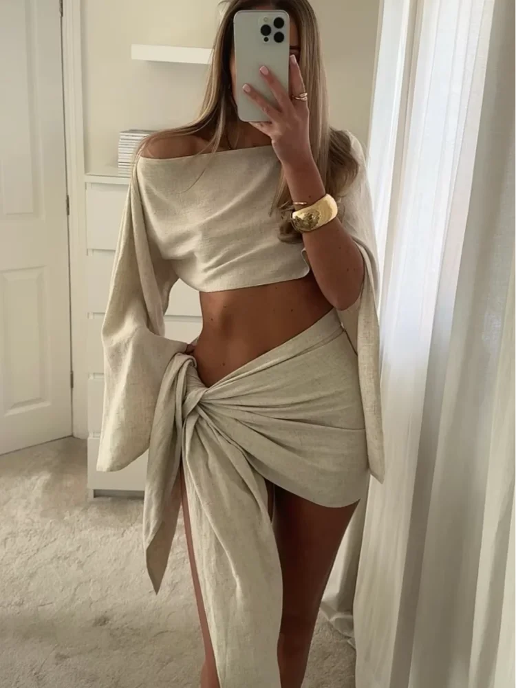 Conjunto feminino de 2 peças, blusa curta de manga longa de algodão e linho, peça única, minissaia com nó torcido, traje de verão para mulheres, roupas de rua