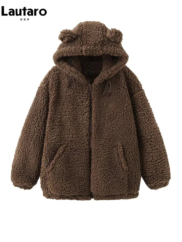 Lautaro-Kawaii Faux Fur Hoodie with Bear Ears for Women, Fluffy Sherpa Jacket, Oversized, Brown, Warm, Fuzzy, Sweet, Cute, Winte