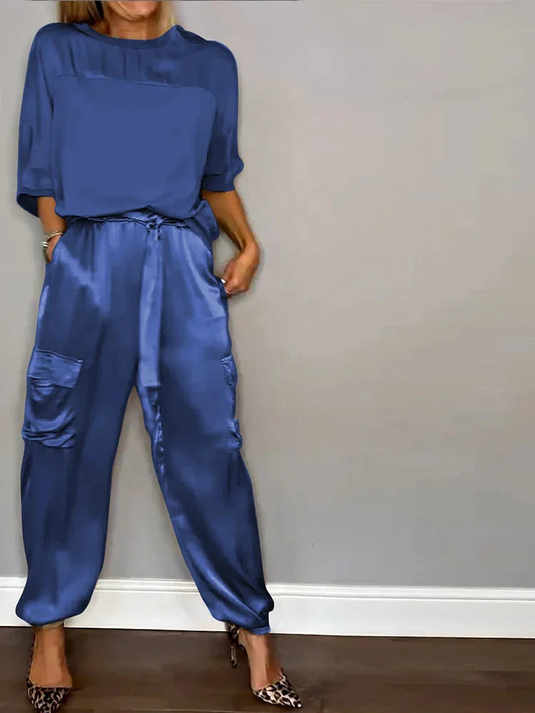 Fashion Solid Color Satin Two Piece Set Women Round Neck New Spring Summer Top Long Pants Casual Loose Two Piece Set Blue