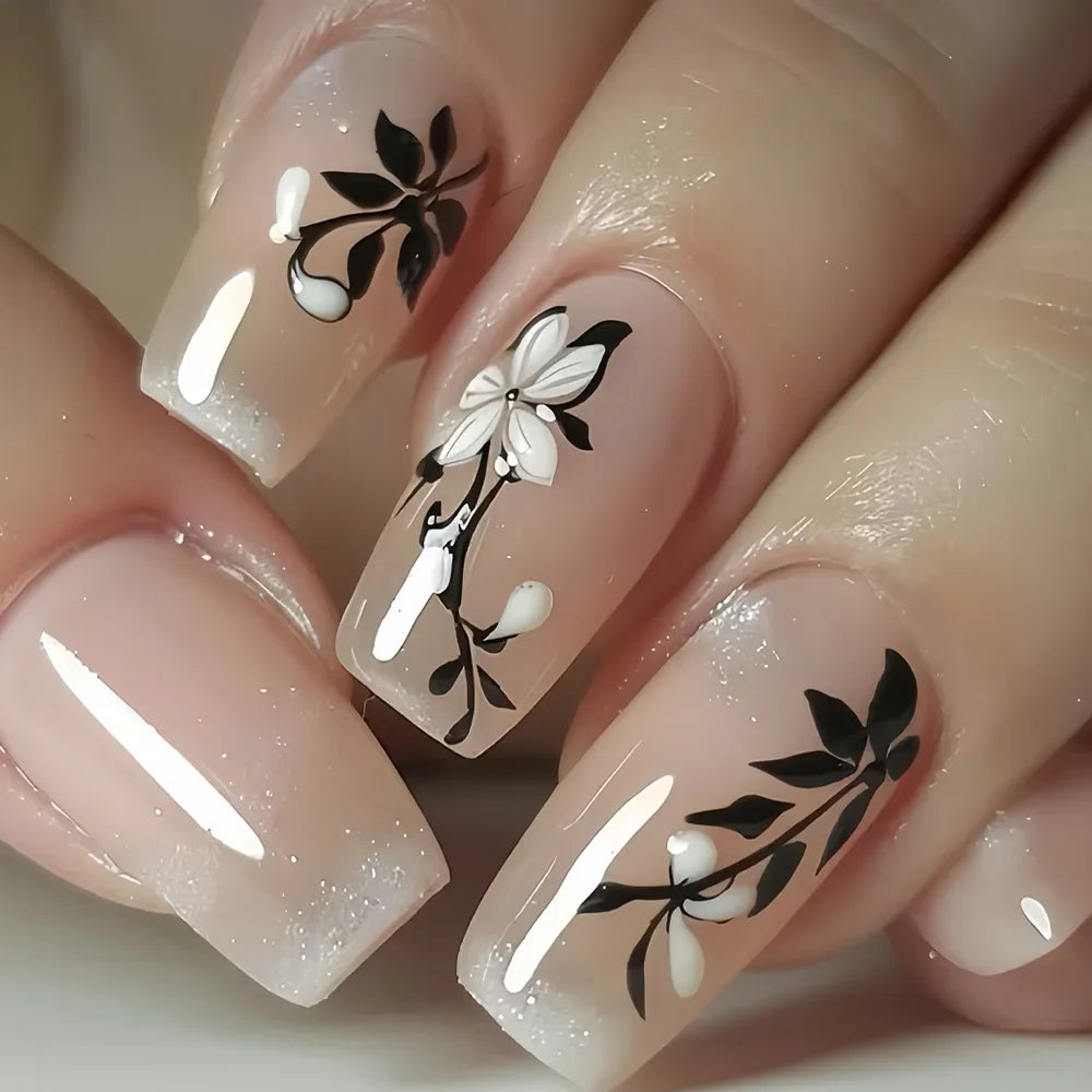 24pcs Press on Nails Square Flower False Nails Wearable Stick-on Nails Fake Nail Uñas Postizas Mujer Накладные Ногти 네일팁
