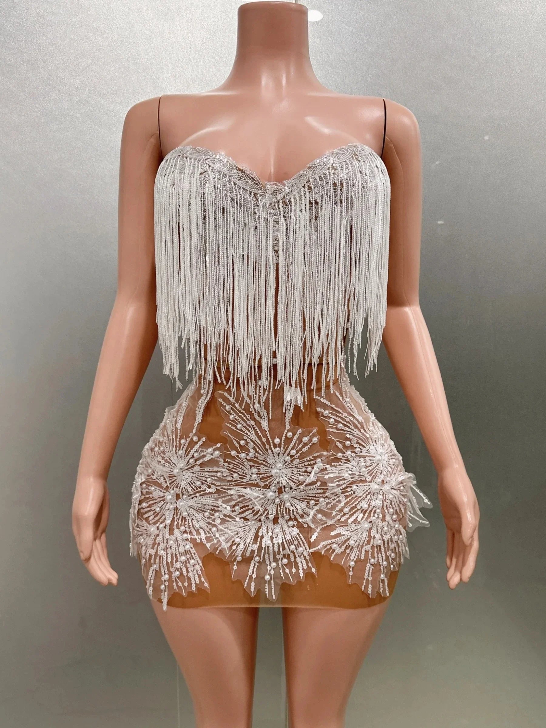 STOCK Women Sexy Off the Shoulder Shinning Sequins Tassels Bodycon Mini Dress 2 Pieces Celebrate Nightclub Performance Costume