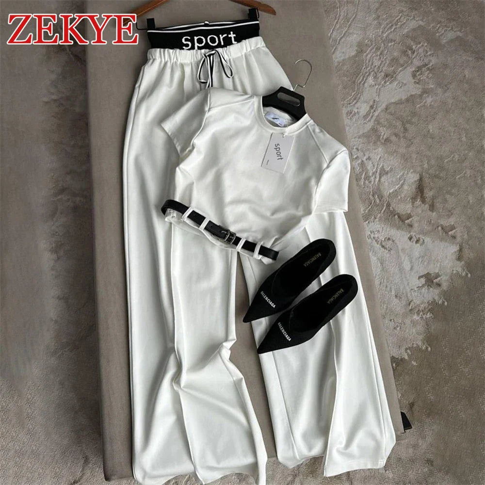 Zekye Casual White Loose Wide Leg Pants Set Women Outfit Korean Patchwork Street Style Short Sleeve T Shirts 2 Pieces Set Top