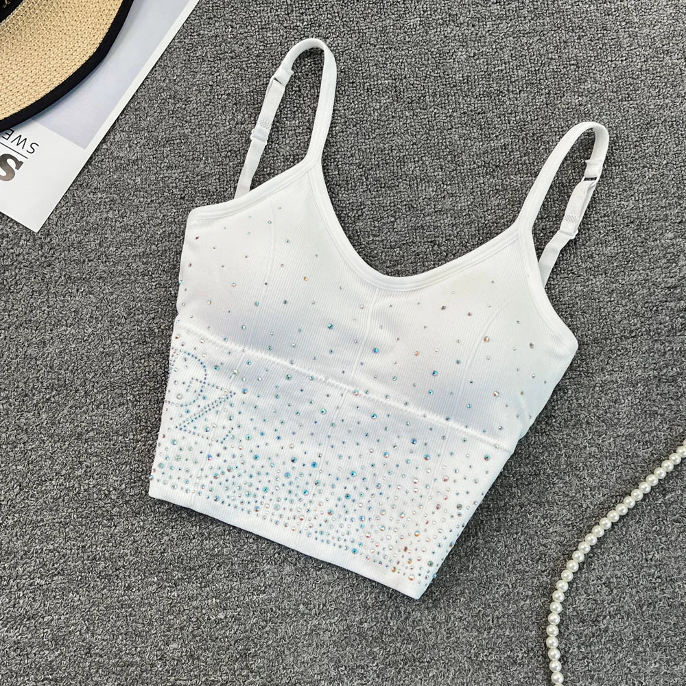 Women's Sexy Diamond Insert Camis Korean Fashion V Neck Letter Tank Tops Sleeveless Backless Off Shoulder With Chest Pad Corset