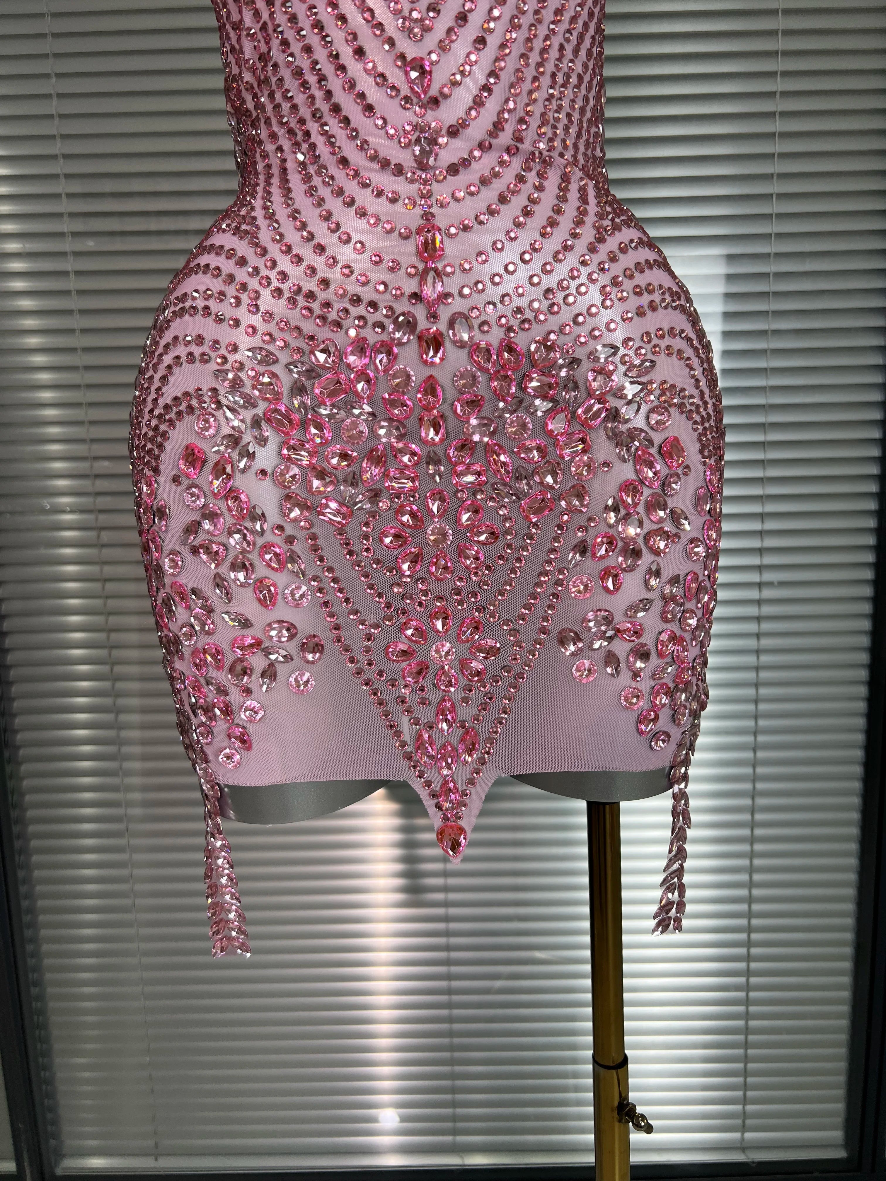 Celebrity New Women Sexy Pink Mesh Halter Stage Performance Costume Dancer Singer Night Club Mini Party Dress
