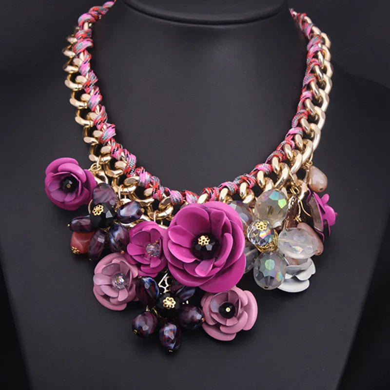 Vintage Jewelry Elegant Prom Party Pageant Wedding Gift Floral Blossom Flower Chunky Statement Necklace for Women Accessories NA095