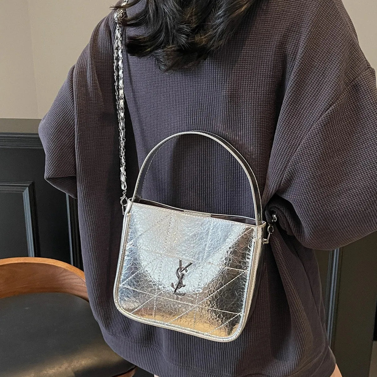 Chanel Style Quilted Leather Crossbody Bag - 90s Vintage Shoulder Purse for Women, Designer Luxury Small Handbag with Chain