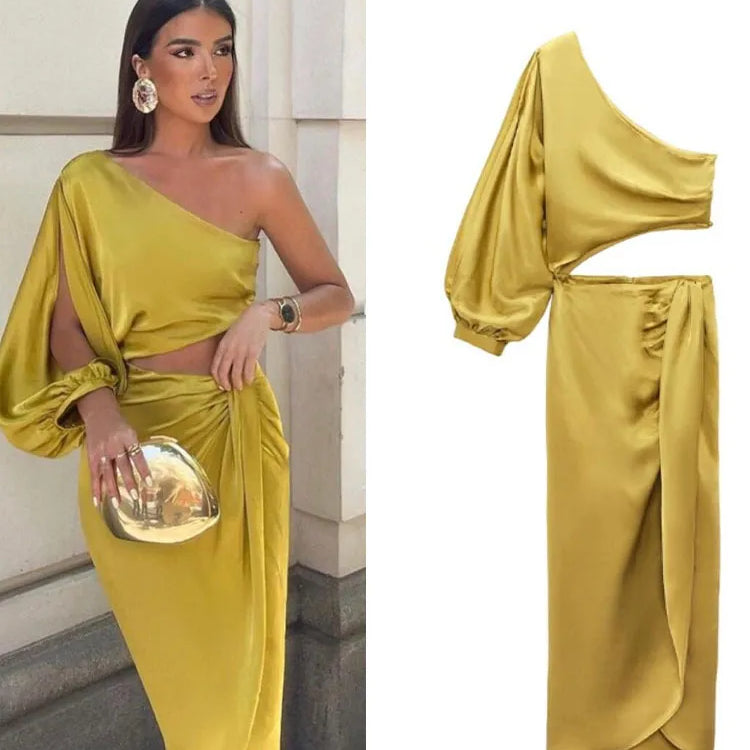 Dress For Women Yellow Asymmetric Satin Cut Out Long Dress Women Ruched Off Shoulder Elegant Dresses Evening Party Dresse