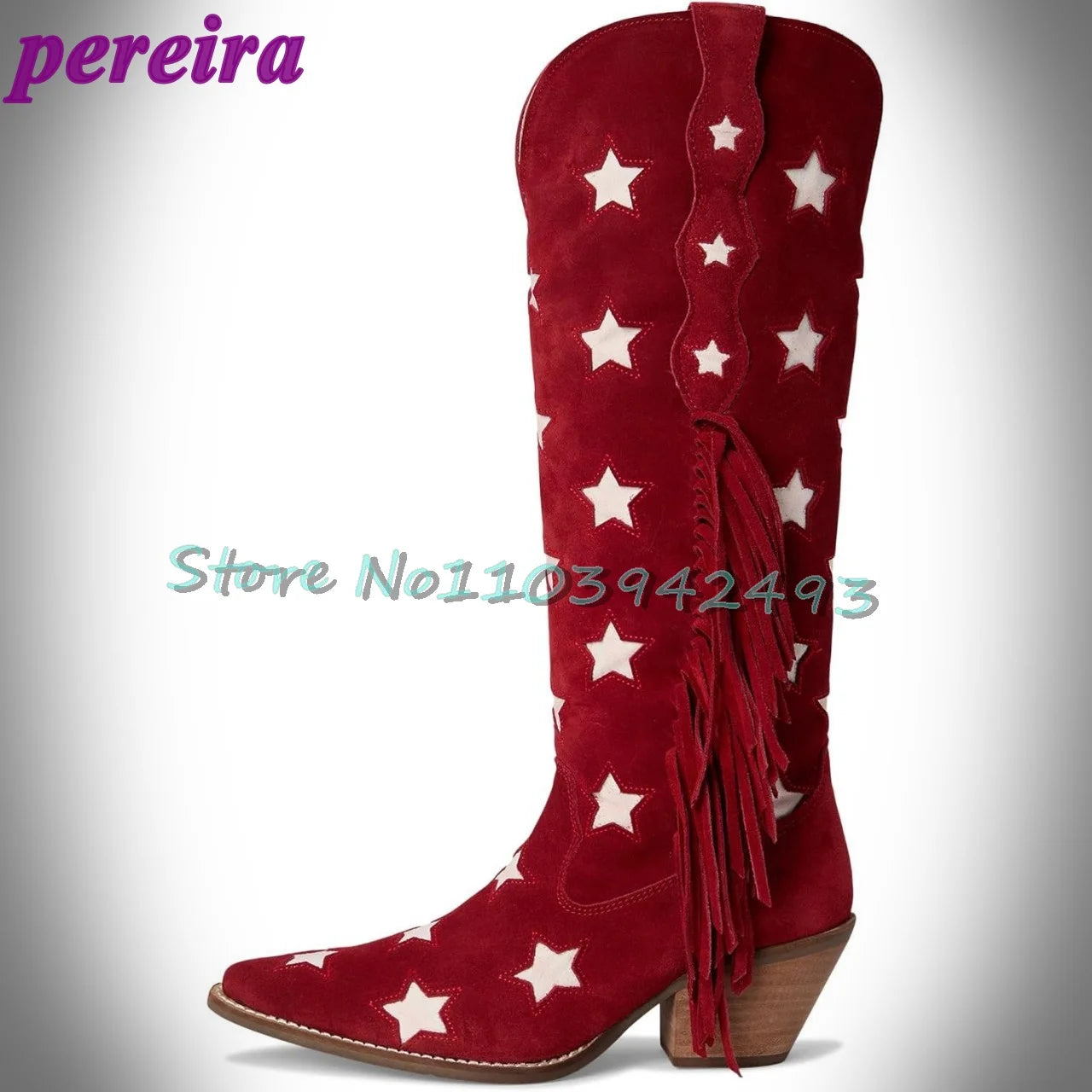 Red Star Pattern Cowboy Boots Women's Knee High Fringe Suede Botas Fashion Western Style Booties Ladies Outdoor Footwear Shoes