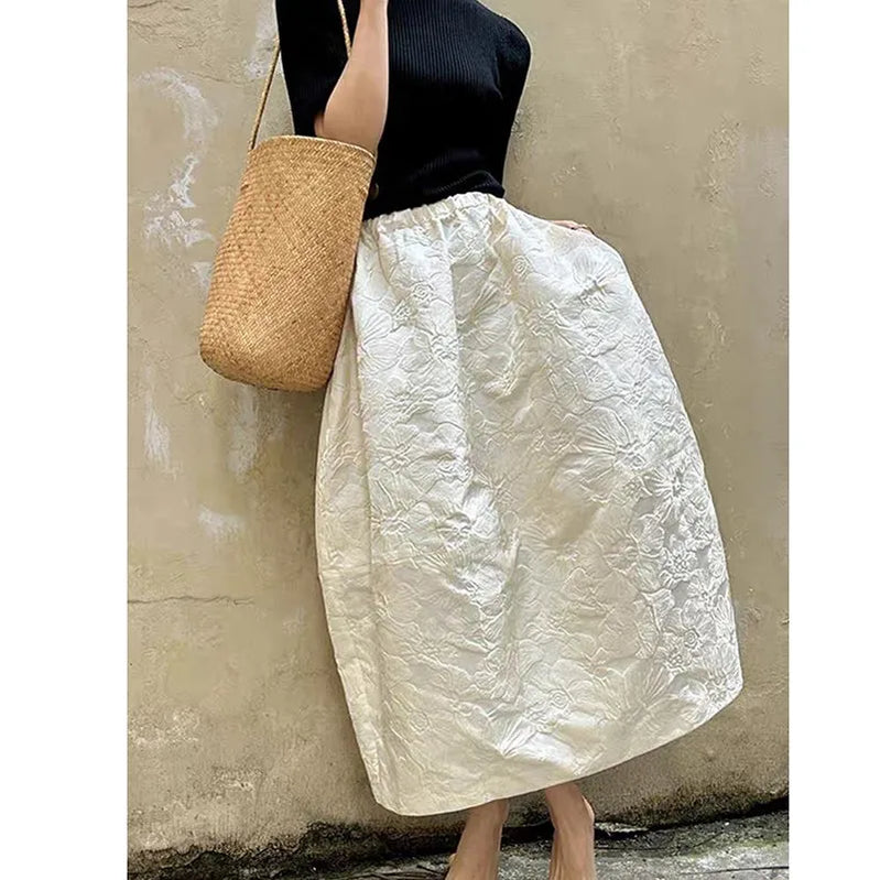 New Arrival Spring/summer Arts Style Women Casual Loose Fit Elastic Waist A-line Jacquard Design Ankle-length Skirt P02