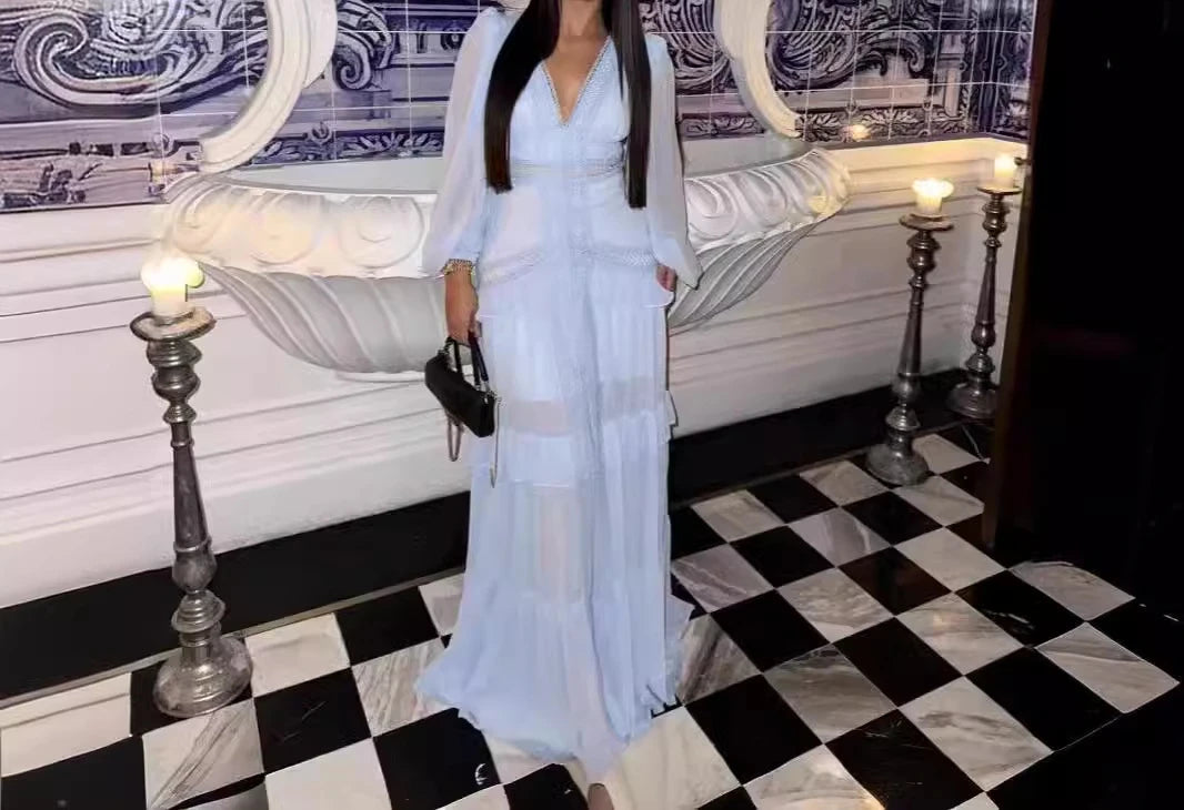 CM.YAYA Women V-neck Full Sleeve Ruffles Lace Long Maxi Dress 2025 Spring Beach Holiday Party Sexy Street Vestidos Sexy Dresses