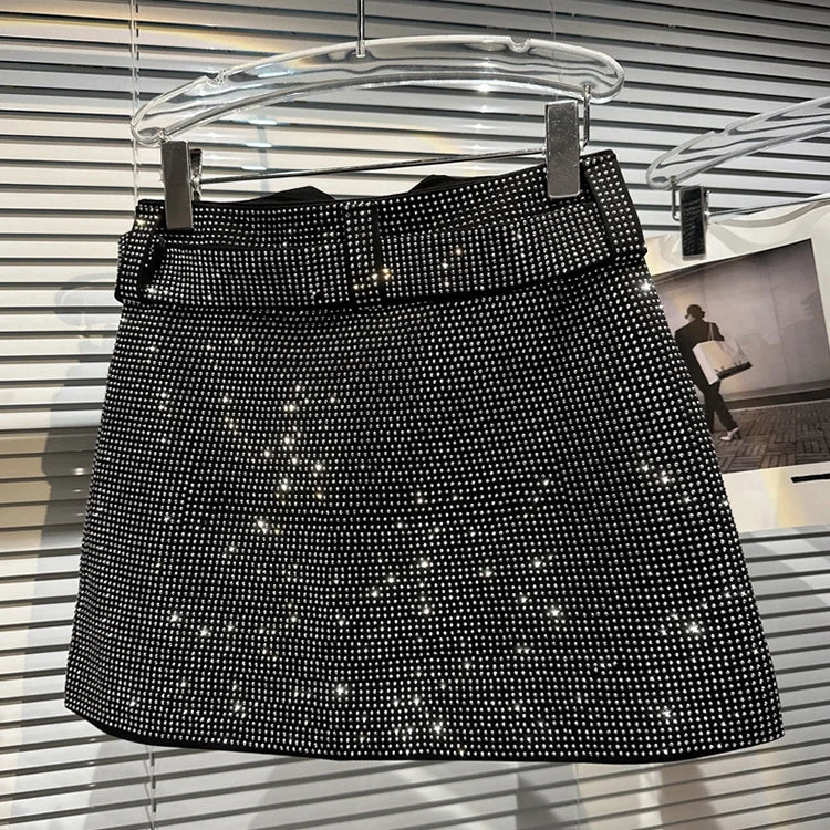 Summer Female Shiny Rhinestone Splice Sexy Strapless Women's High Waist Belt Designer Mini Short Skirts