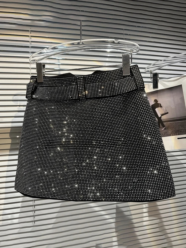 Summer Female Shiny Rhinestone Splice Sexy Strapless Women's High Waist Belt Designer Mini Short Skirts