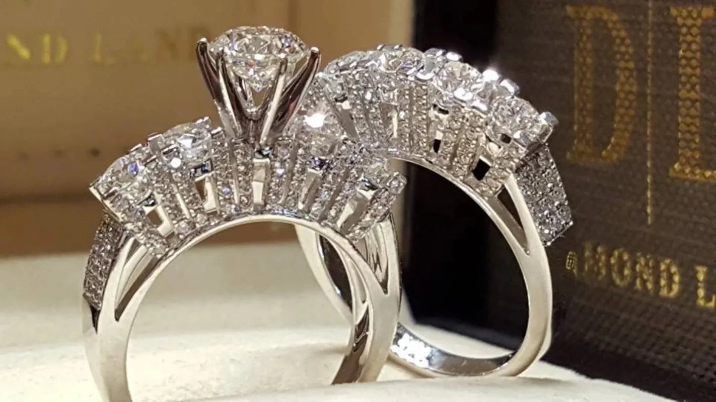 Sparkling Silver Color Cubic Zirconia Wedding Rings Set for Women Elegant Couples Engagement Ring Banquet Party Jewelry P751-1