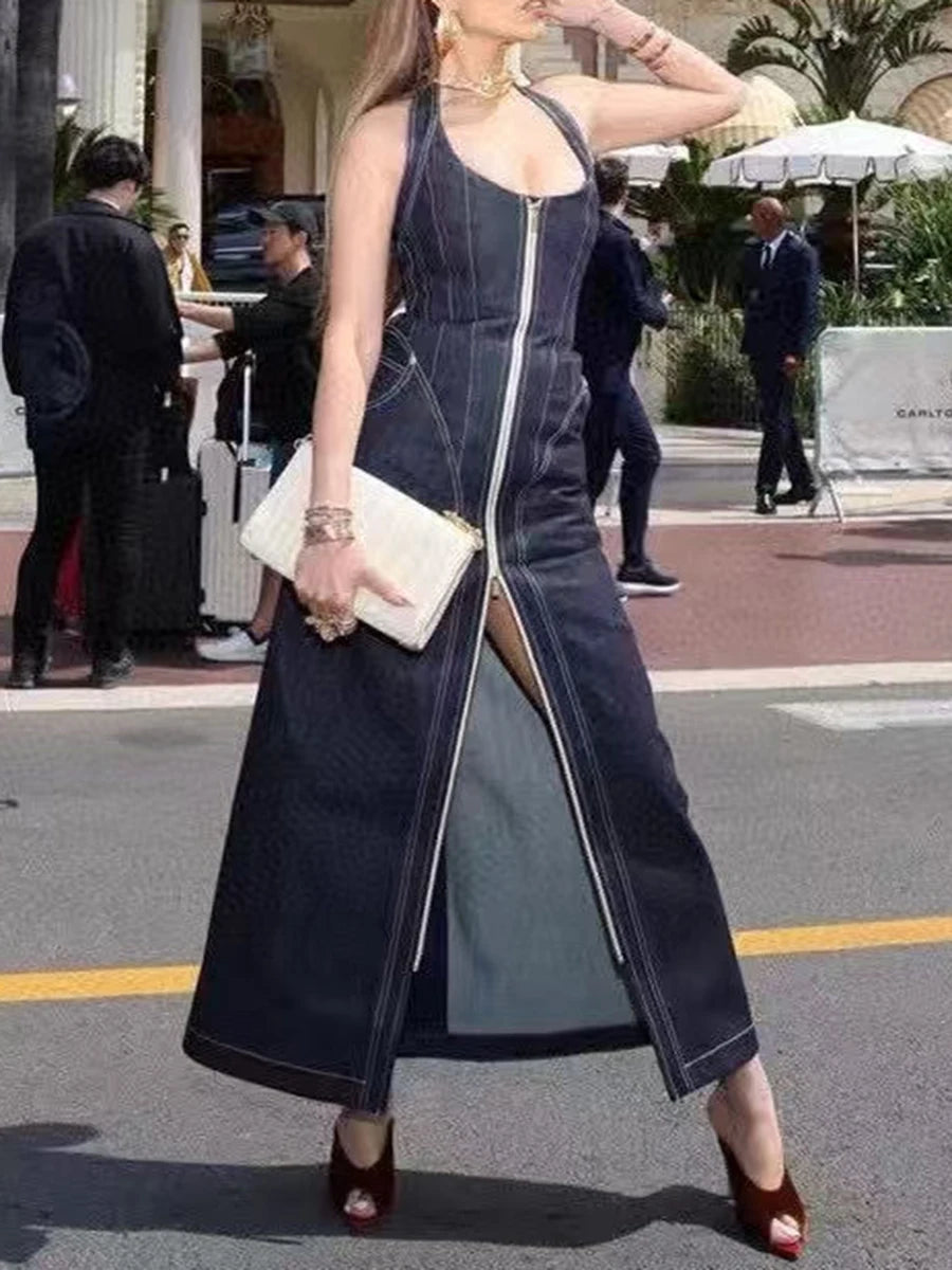 TWOTWINSTYLE Solid Slimming Spliced Zipper Cowboy Dresses for Women Halter Neck Sleeveless Temperament Dress Femlae Fashion New