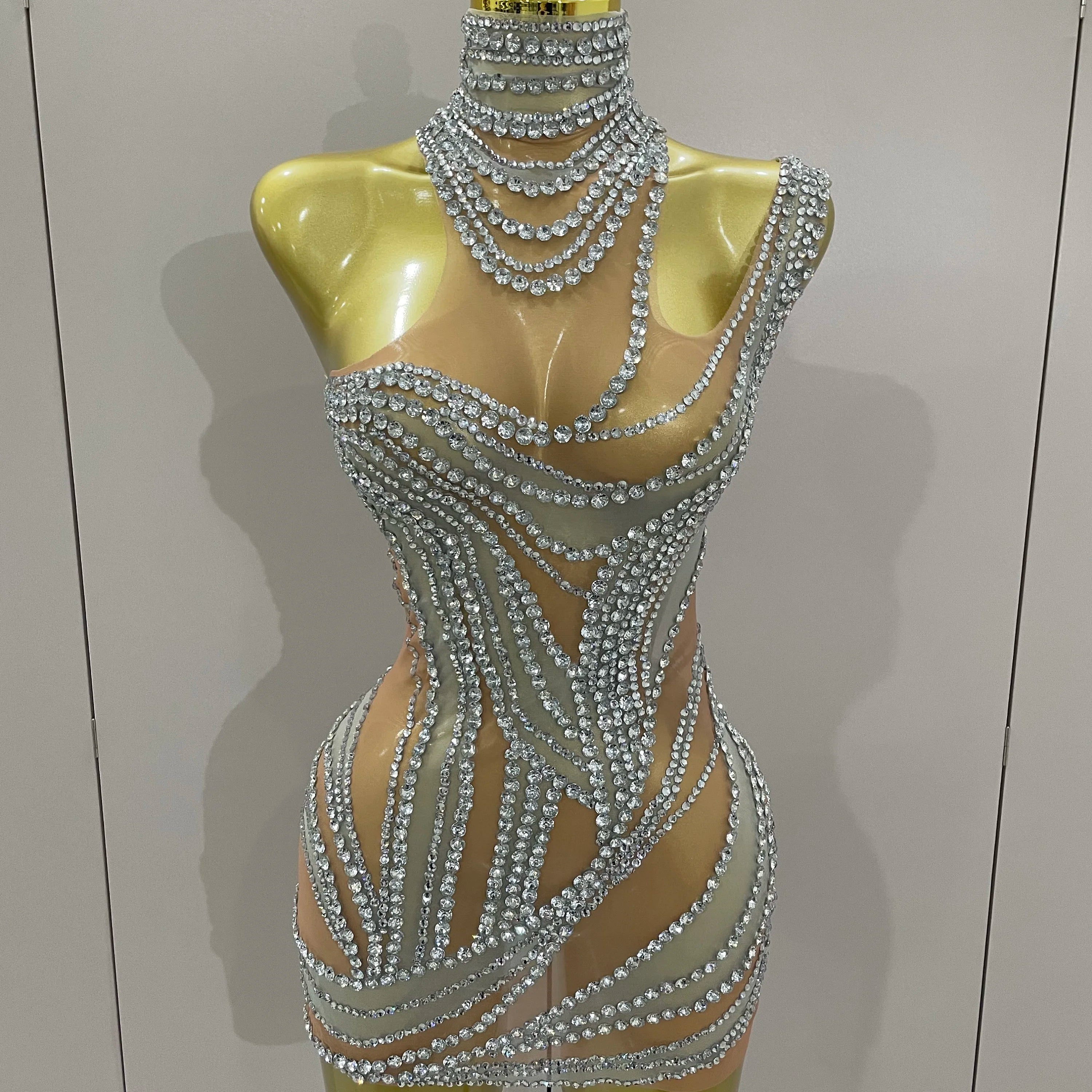 Luxury Sparkly Crystals See Through Mini Dress 2025Women Celebrate Birthday Party Gowns Singer Performance Stretch Stage Costume